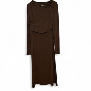 Brown Asymmetrical Neckline Long Sleeve Top + Maxi Skirt